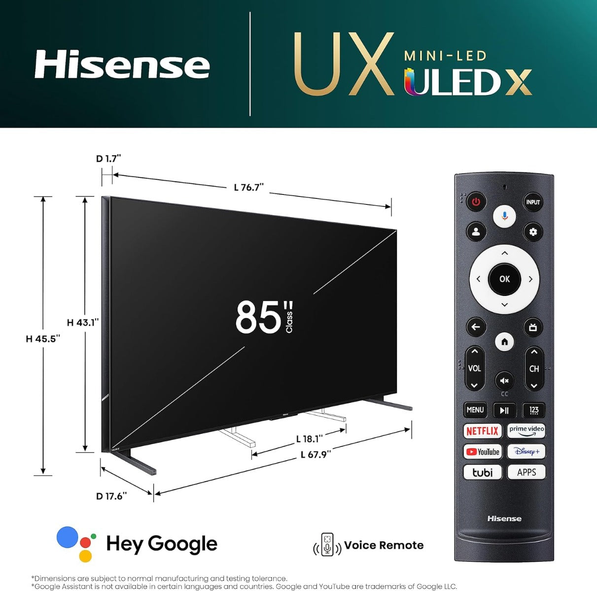 تلفزيون هايسينس جوجل الذكي 85 إنج فئة ميني LED بريميوم ULED X QLED 4K , 85UX